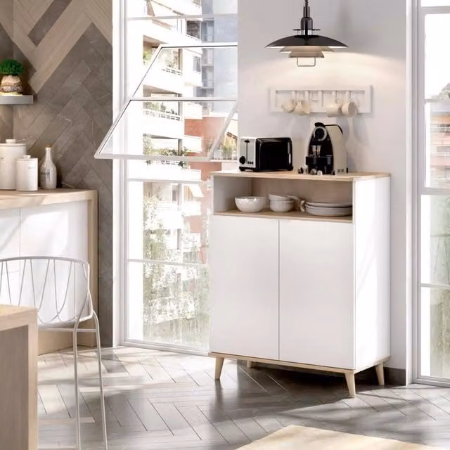 Credenza Altai DMORA, Buffet dispensa e madia moderna a 2 ante per soggiorno, Bianco e Rovere, L: 80 cm, P: 40 cm, H: 102 cm – 1