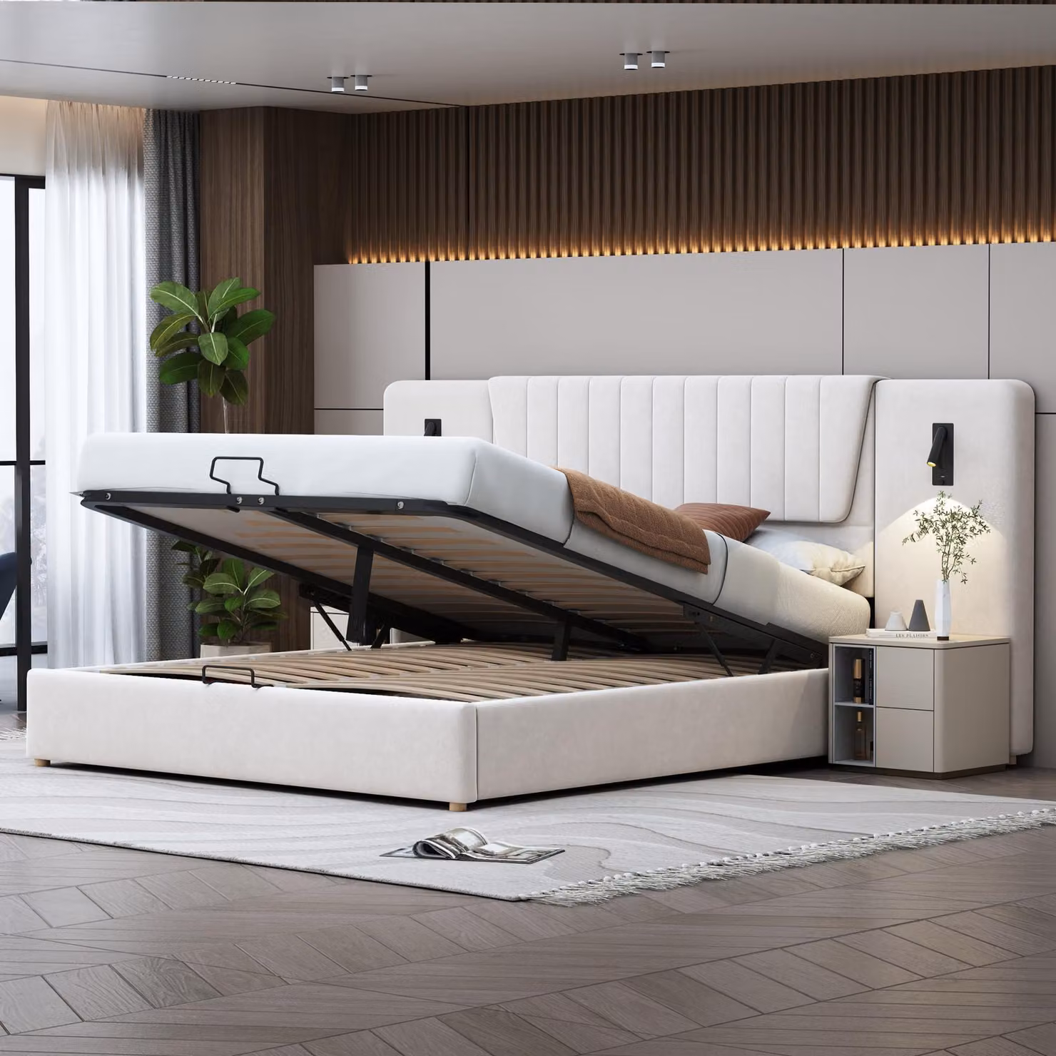 Letto imbottito idraulico Merax, 180x200 cm, con lampade da lettura a LED, letto matrimoniale con porta USB, letto contenitore con schienale extra-lungo, in velluto, color beige