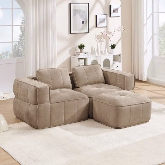 Divano angolare modulare a 2 posti senza struttura con pouf e seduta profonda in poliestere sabbia 198 × 162 × 67 cm