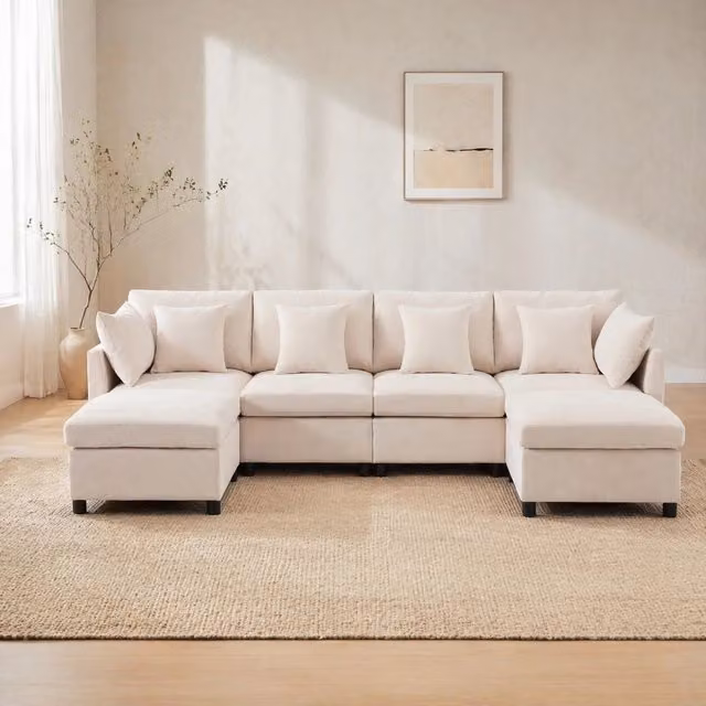 Divano Modulare REDOM a L in Chenille Beige con 2 Pouf e 6 Cuscini L/P/H: 278 x 161 x 81 cm