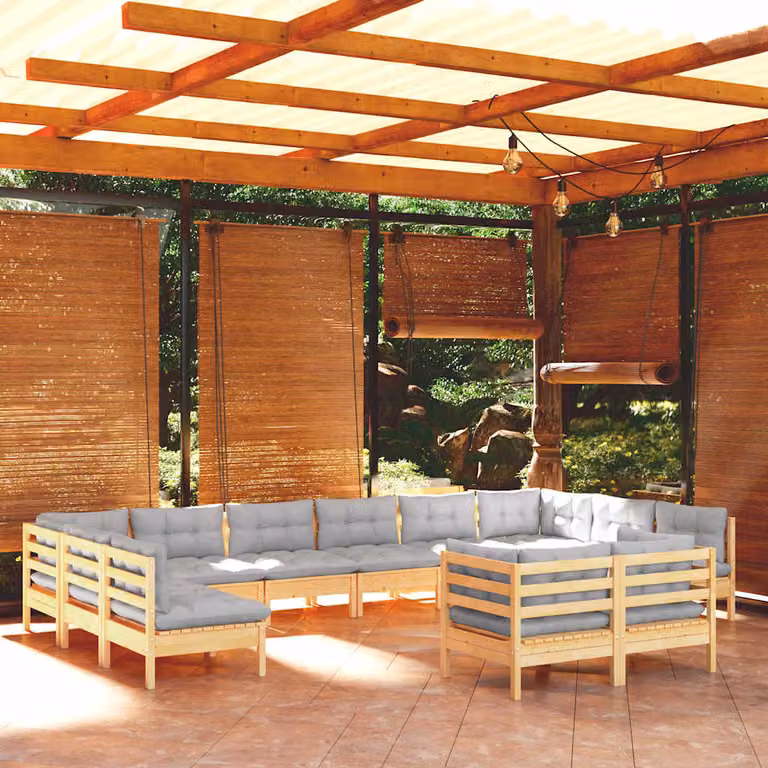 Set di divani da giardino vidaXL a forma di L in legno massello di pino con 11 pezzi e cuscini grigi
