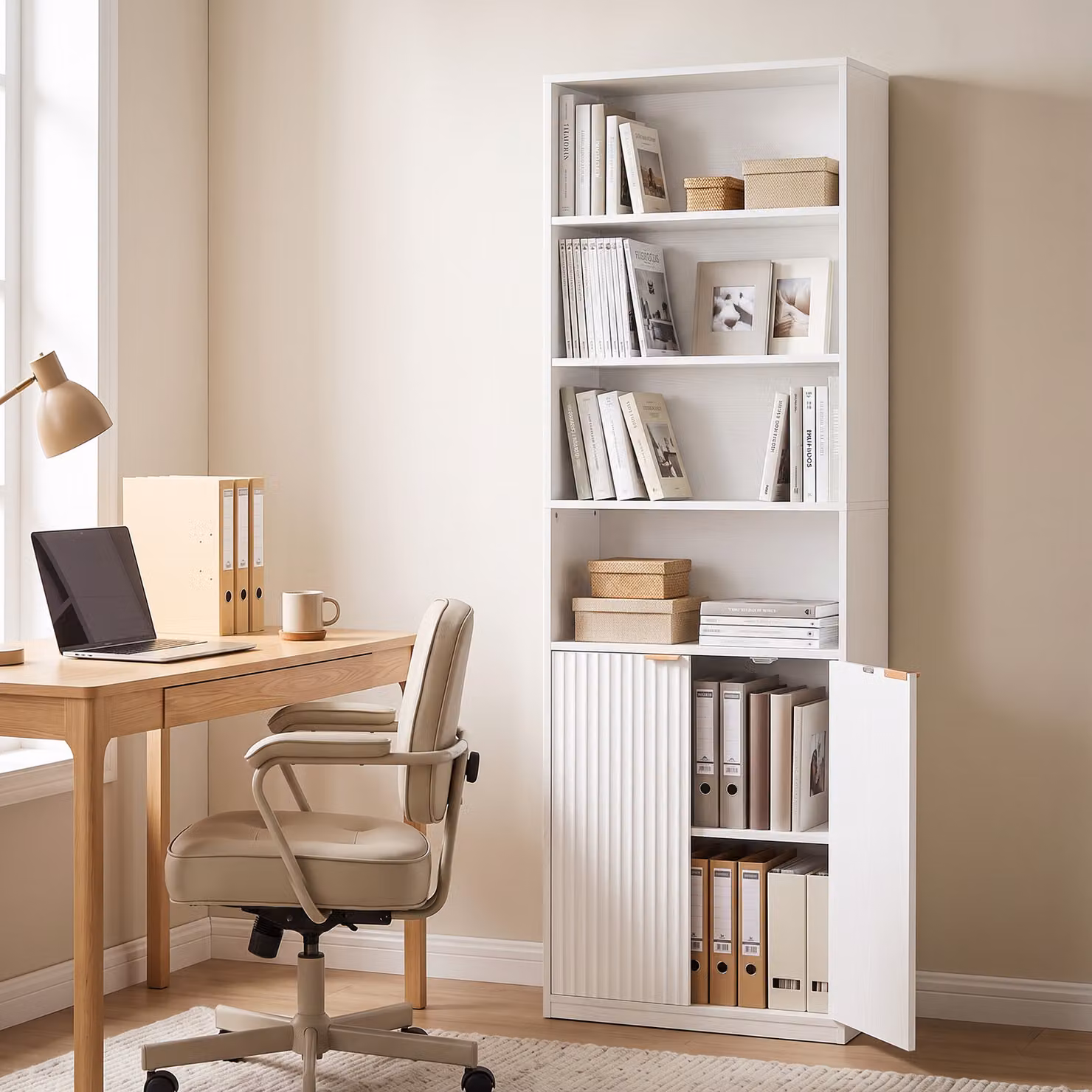 Libreria HOMCOM a 6 Livelli con 4 Scomparti Aperti e 2 Ante, Bianco, L 60 cm x P 24 cm x H 182 cm – 2