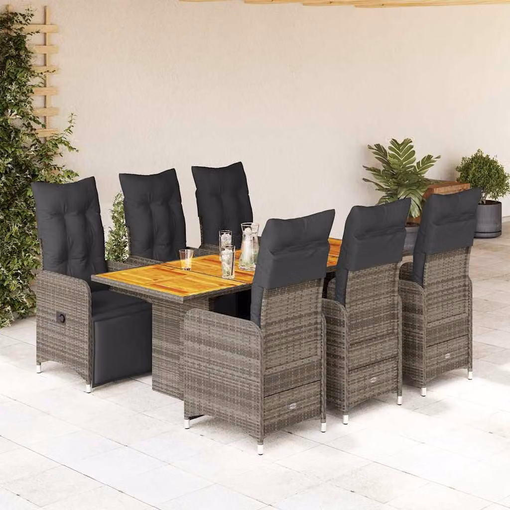 Set Bistrò da Giardino vidaXL in Polyrattan e Legno di Acacia con Cuscini Grigio, 7 Pezzi – 1