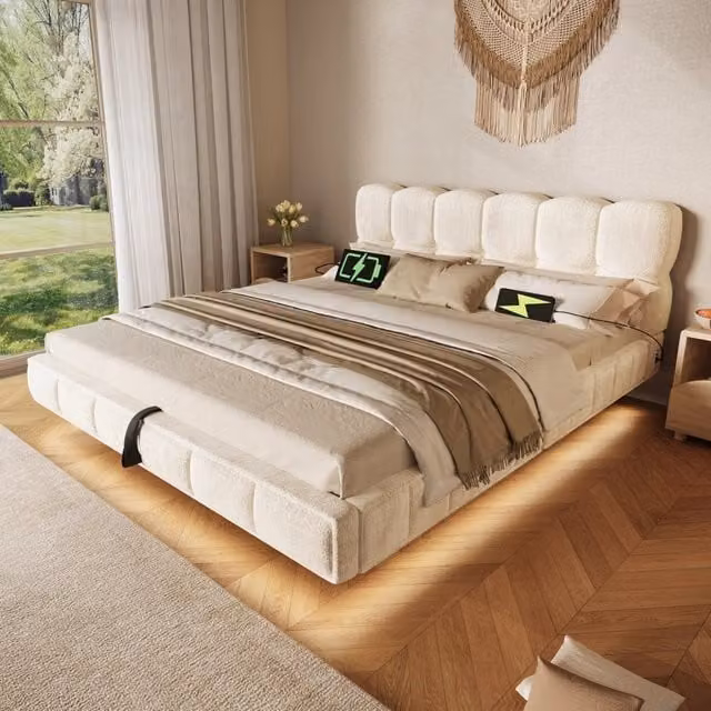 Letto imbottito 140x200 cm con contenitore idraulico e LED in chenille beige