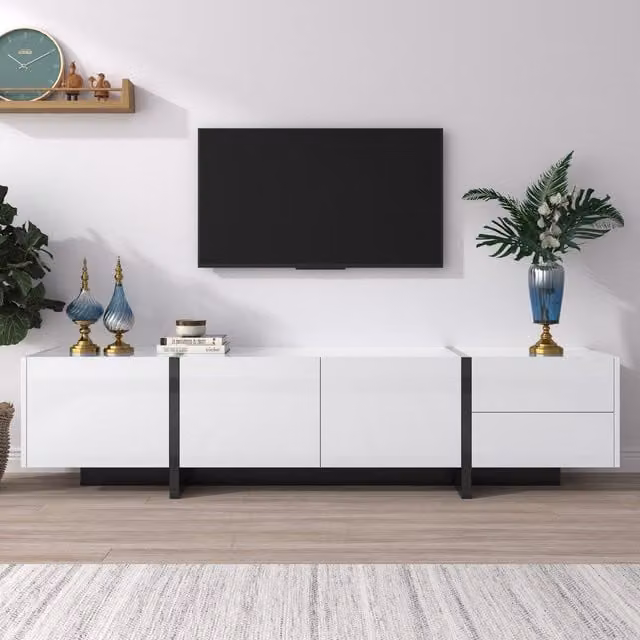 Mobile TV Lowboard Aosom Moderno con Ante e Cassetti, Design Lineare Lucido Bianco e Nero, L: 190 cm, P: 45 cm, H: 35 cm – 1