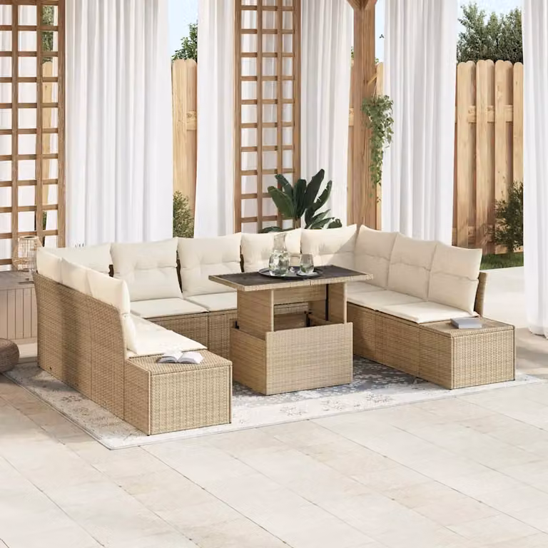 Set Divano da Giardino vidaXL 10 Pezzi in Polyrattan Beige e Bianco con Tavolino e Cuscini