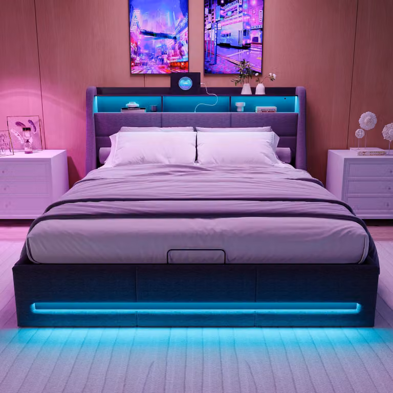 Letto Moonbite con spazio contenitore, dimensioni 160x200 cm, struttura LED grigia – Dimmer regolabile, USB, atmosfera cinematografica