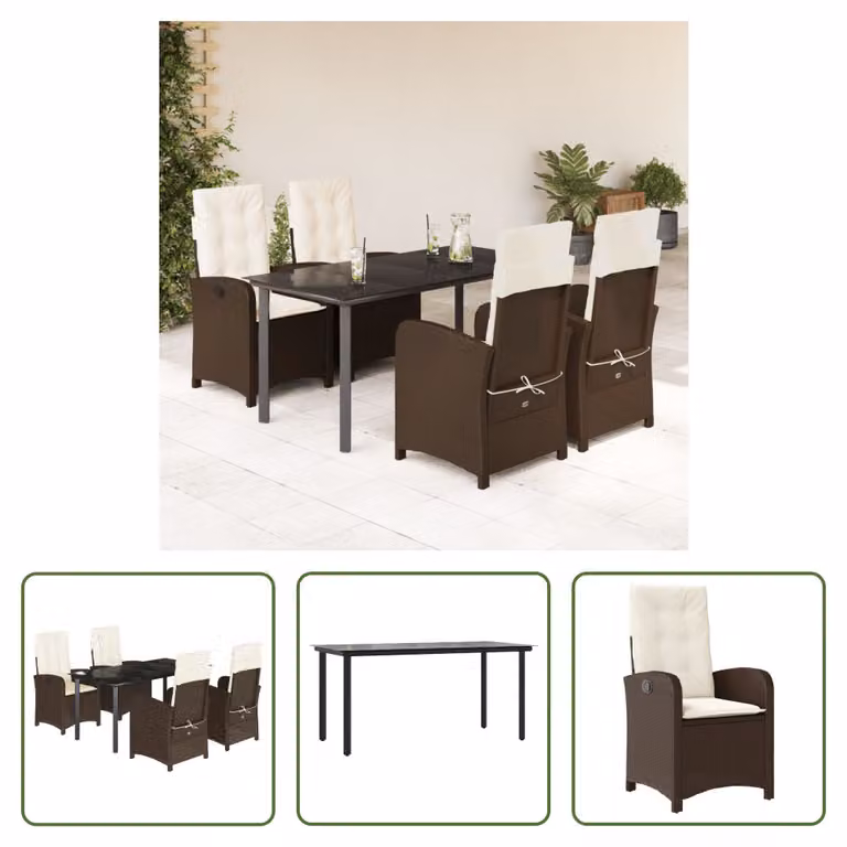 The Living Store Set da pranzo da giardino 5 pezzi con cuscini in polirattan marrone