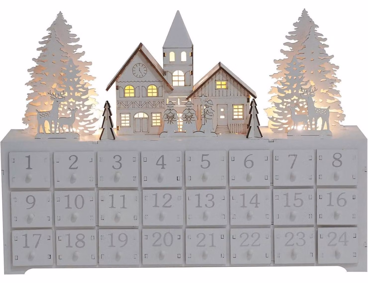 Calendario dell'Avvento in legno con luci LED e 24 cassetti, decorato con motivi di inverno
