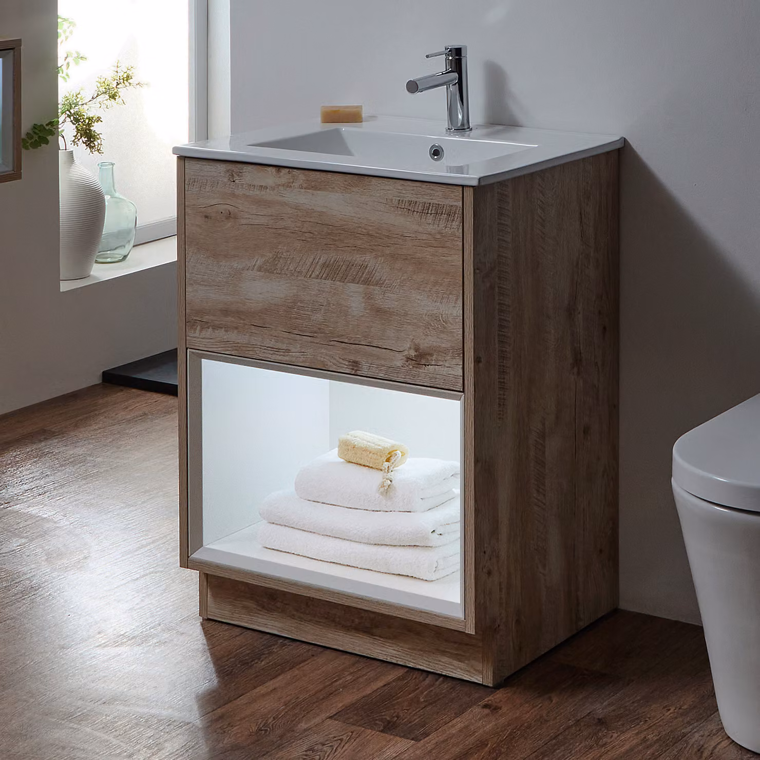 Mobile Bagno con Ripiano Aperto da 610mm in Rovere Chiaro con Lavabo e Luci LED