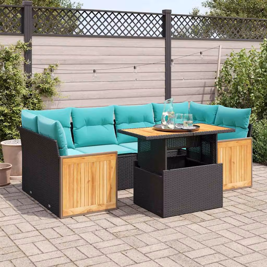 Set di divani da giardino vidaXL in rattan nero con cuscini blu e struttura in legno di acacia oliato, 7 pezzi