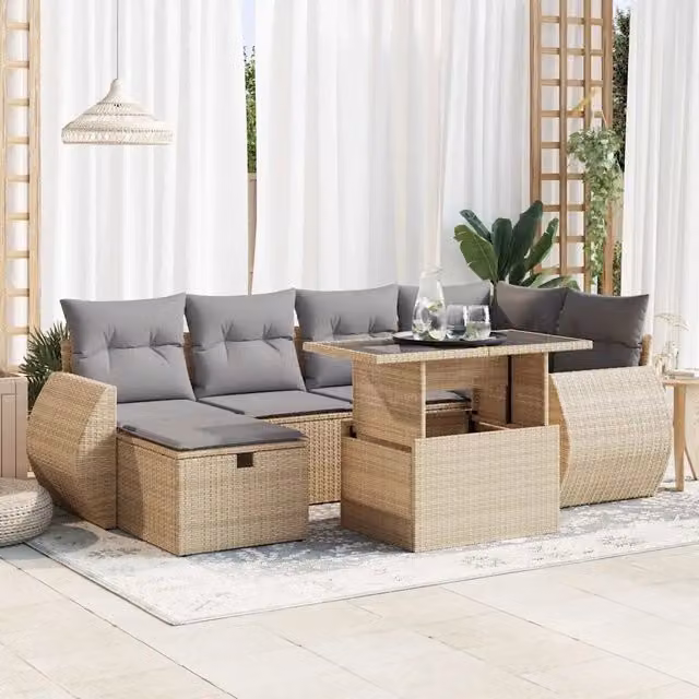 Set da giardino moderno vidaXL composto da 7 pezzi in polyrattan con cuscini beige e tavolino da esterno