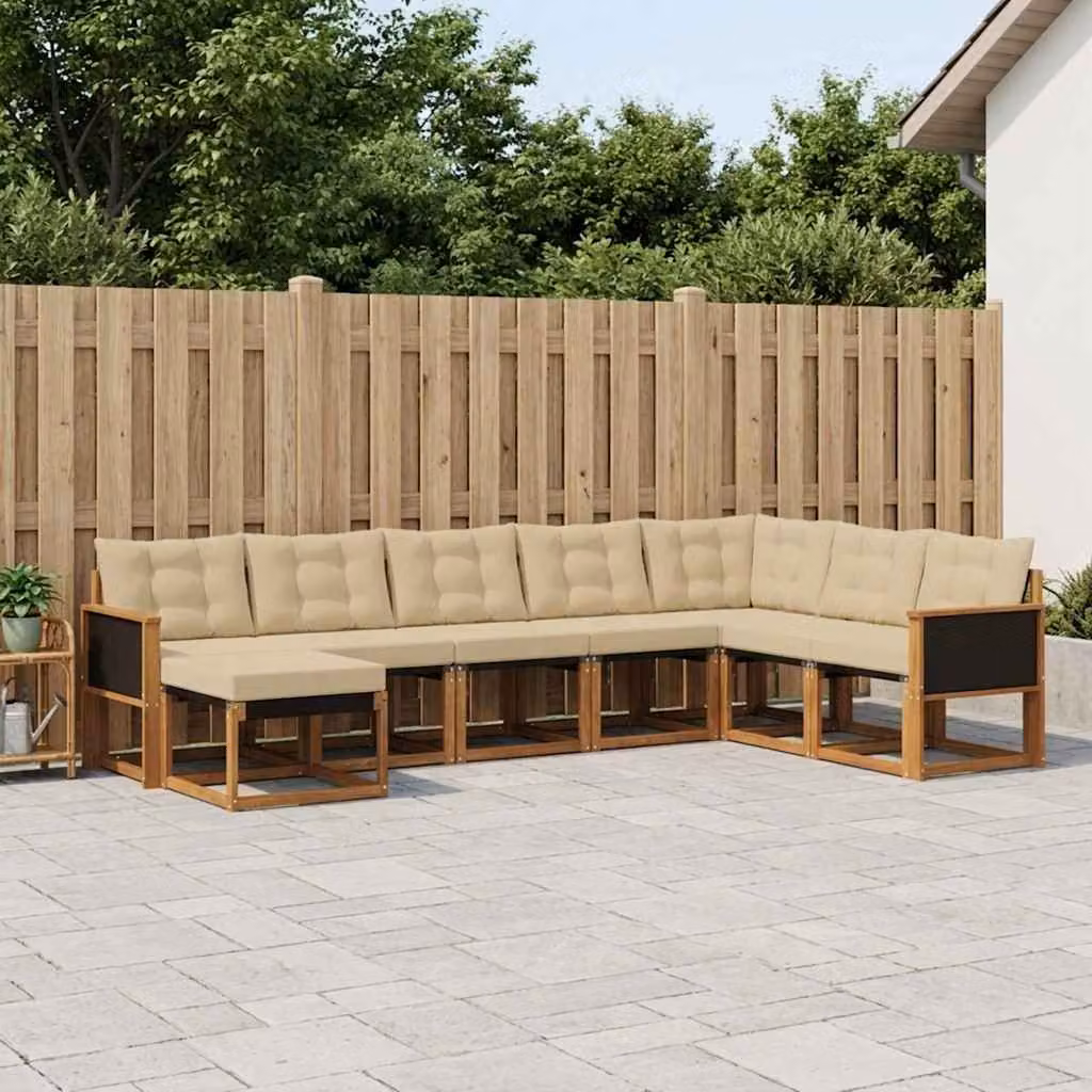 vidaXL Set di divani da esterno a L composto da 8 pezzi in legno di acacia e tessuto textilene, colore marrone e beige