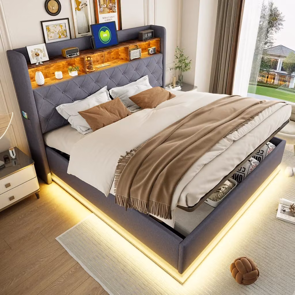 Letto contenitore Mivray imbottito in lino grigio con LED multicolore, porta USB e struttura in metallo, L/P/H: 180 x 200 x 113 cm – 2
