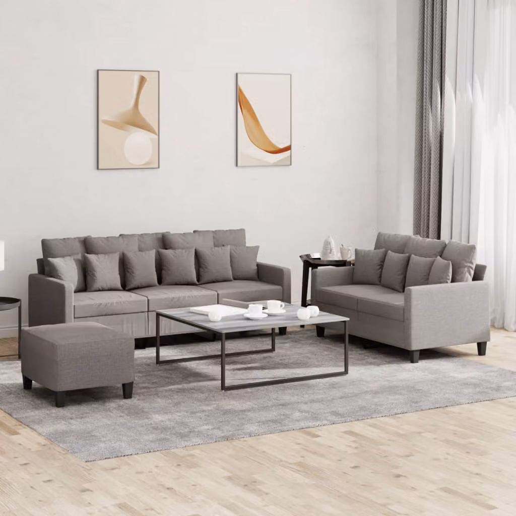 Set di Divani vidaXL 3 Pezzi con Pouf in Tessuto Beige e Grigio per Soggiorno Moderno – 1