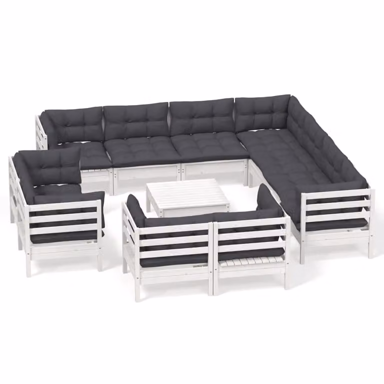 Set Divani da Giardino 12 pz con Cuscini Bianchi Legno di Pino