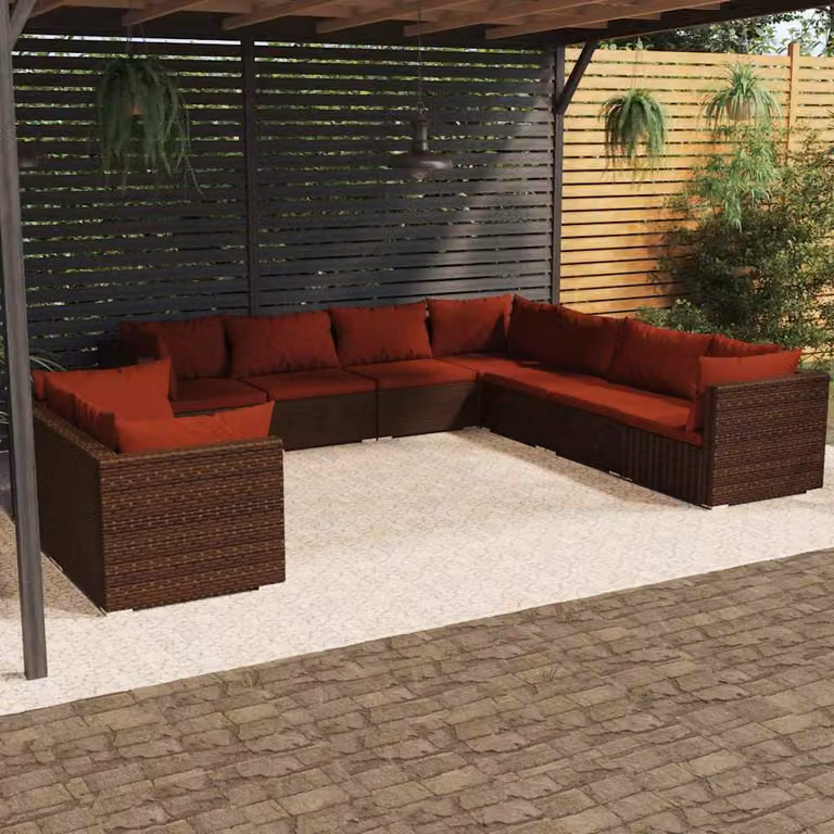 Set di divani da giardino vidaXL a forma di U composto da 9 pezzi con cuscini in polyrattan marrone e struttura in metallo rivestito