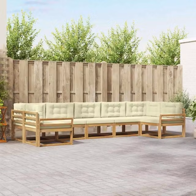 Set di divani da esterno a L vidaXL in legno di acacia con cuscini Bianco e Beige – 1