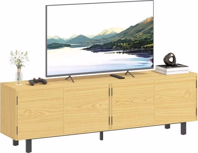 Mobile TV 180 cm per TV Fino a 82 Pollici con 4 Ante Push-to-Open Finitura Legno Naturale per Soggiorno 180x35x55,5cm