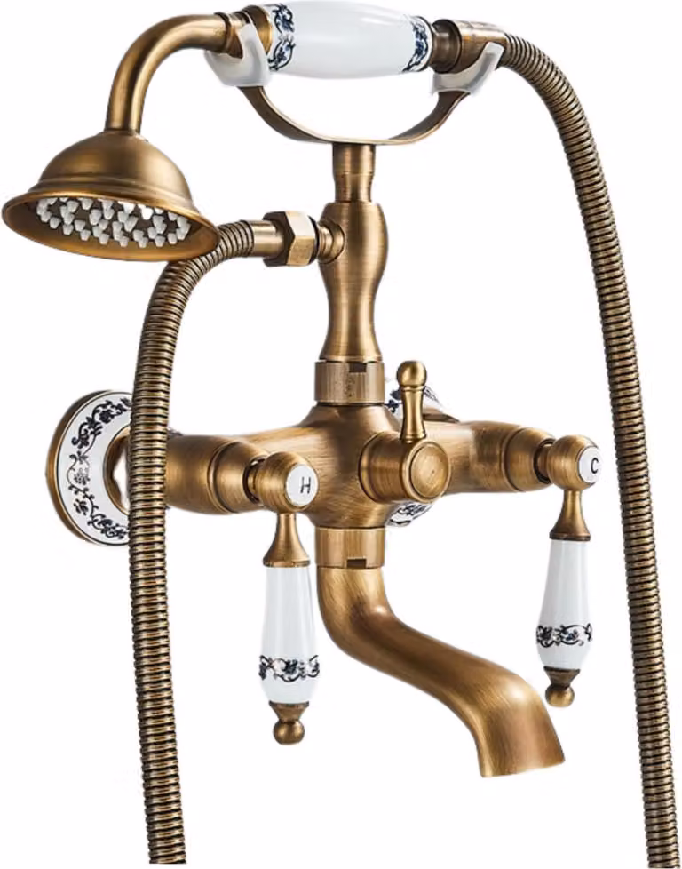 Miscelatore da bagno Ari Retro a parete, in ottone antico, beccuccio girevole 180 gradi, doccetta, cartuccia in Vetroceramica