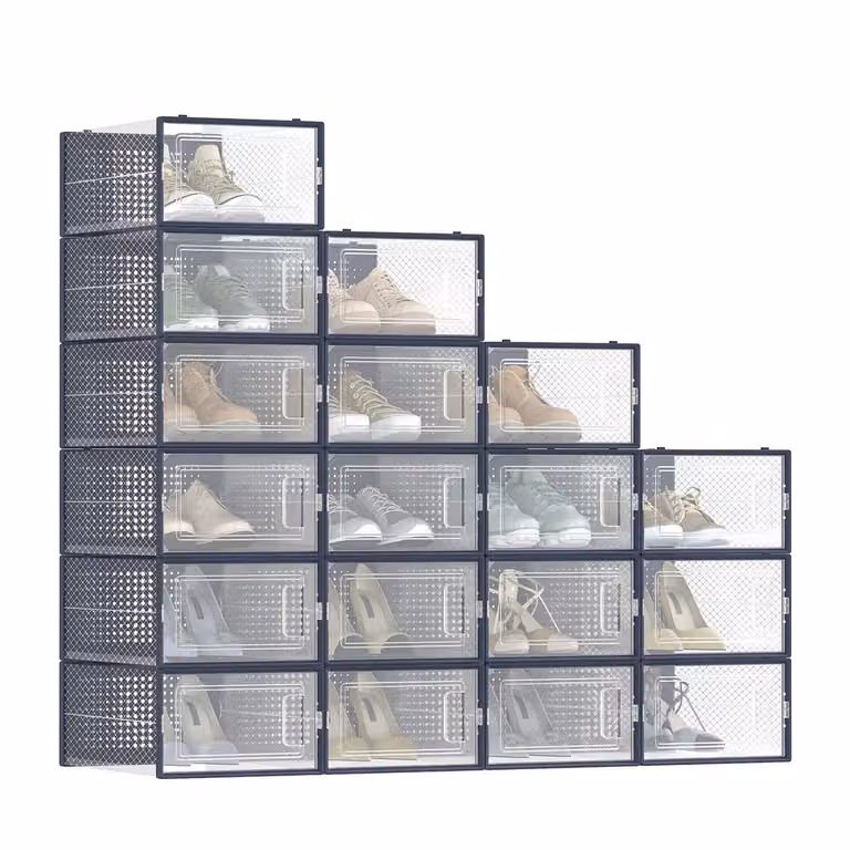 Pacco da 18 Scatole per Scarpe Contenitori per Scarpe, Trasparente + Blu Carbone / M ( 33,5P x 23,2L x 14,3A cm )