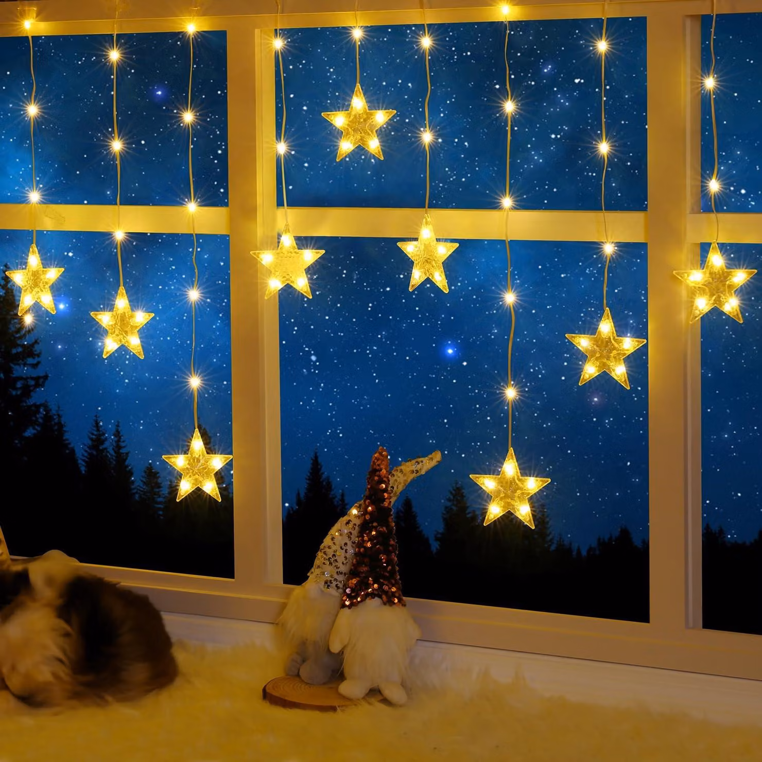 Finestre decorate con motivi a stella in madreperla, con 76 LED, multicolore, alimentate a batteria