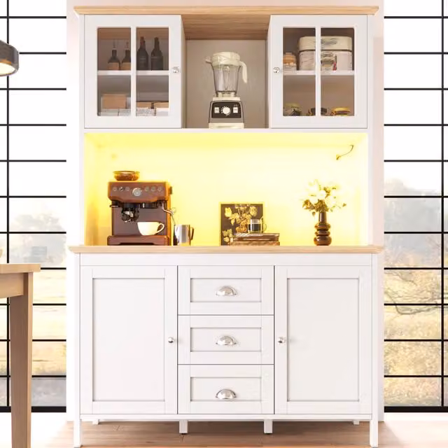 Mobile alto ULEVR 120x40x179 cm con 4 ante, 3 cassetti, vano aperto e illuminazione LED, bianco