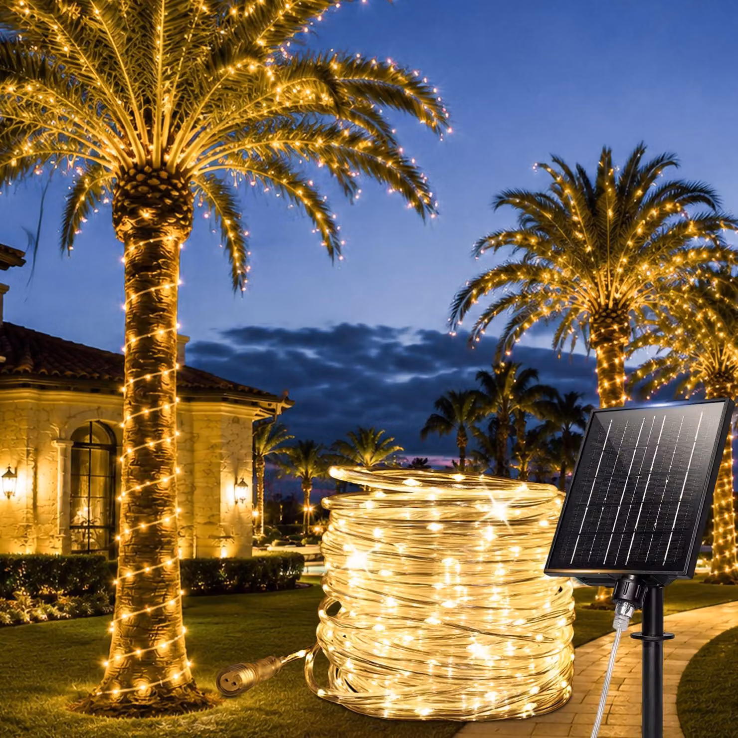 Luci a corda solari, 20 metri, 200 LED, luce calda, grado di protezione IP65, 19 modalità