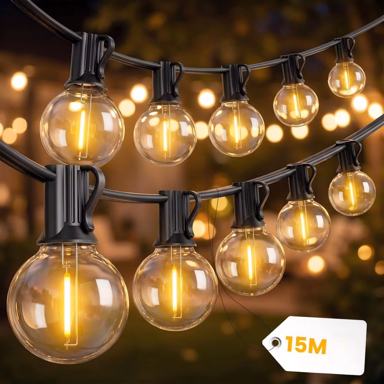 Catena luminosa da 15 metri, modello G40, grado di protezione IP45, con 25 lampadine più una di ricambio, temperatura di colore 2700 K