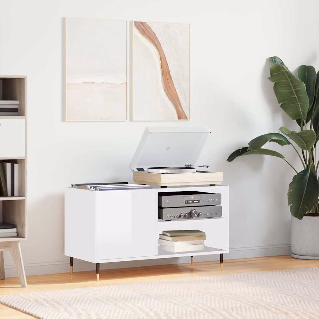 vidaXL Mobile Porta Dischi Bianco Lucido in Legno e Metallo L 85 cm, P 38 cm, H 48 cm