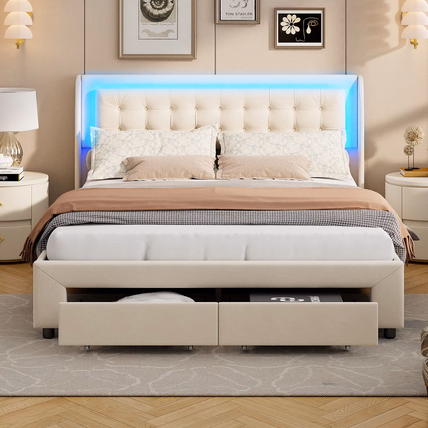Letto matrimoniale 140 x 190 cm con testata e rete a doghe, con cassetti, beige