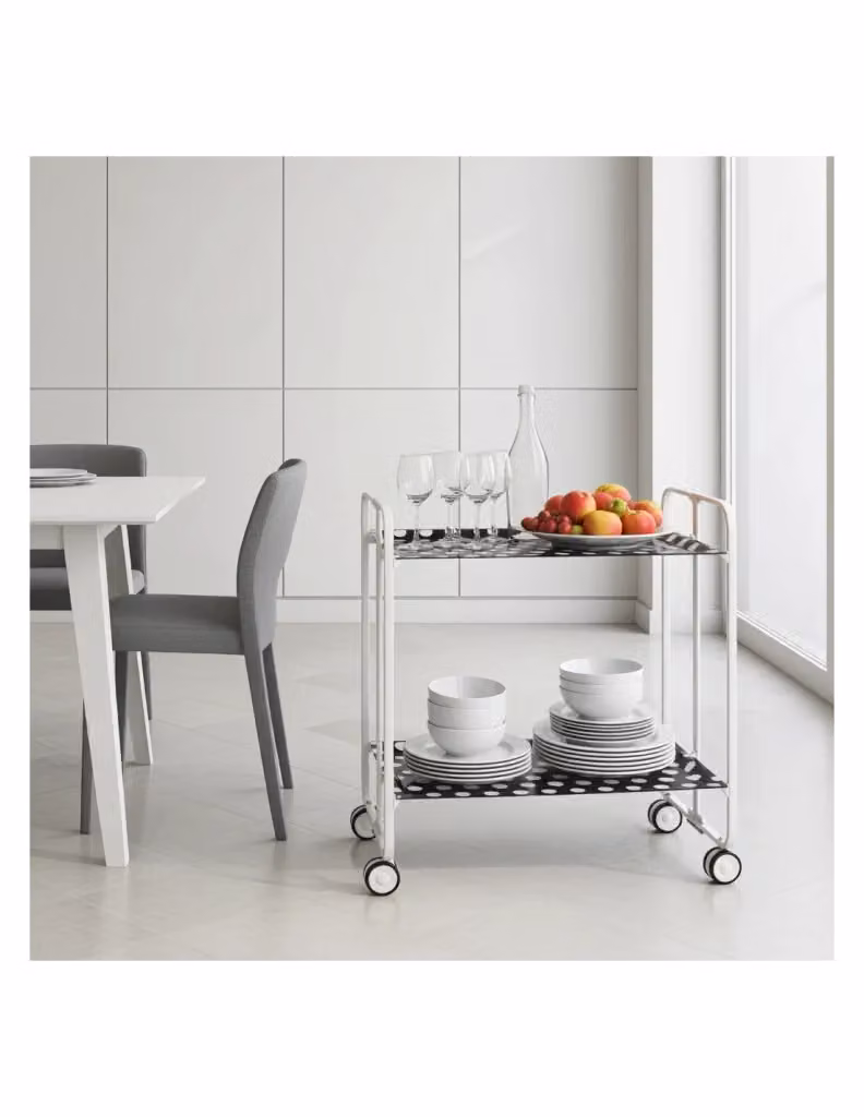 Carrello da cucina pieghevole DON HIERRO con ruote e 2 ripiani, struttura in metallo bianca e piano in MDF laminato lucido, H 72 x L 66 x P 43 cm – 2