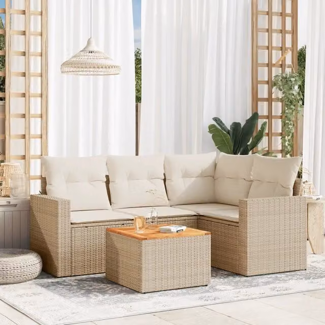 Set Divano da Giardino a L VIDAXL in Polyrattan con Cuscini Beige 5 pz