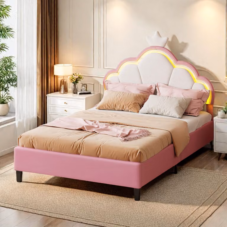 ProximaX Elegante letto imbottito 140×200 cm in rosa e bianco con design a , striscia luminosa a LED e testata regolabile - lussuoso letto per bambini e ragazzi