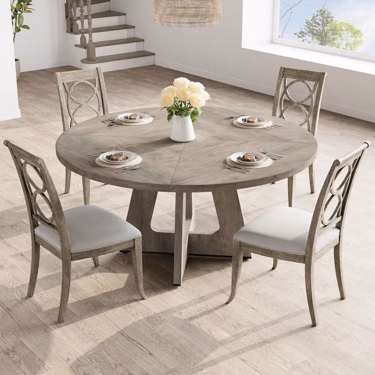 Tavolo rotondo da pranzo, diametro 120 cm, per 4-6 persone, colore grigio, con base in legno e piedini regolabili
