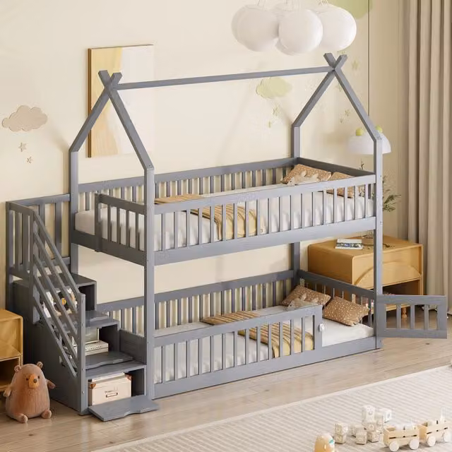 Letto a castello 90x200 cm grigio – con scala e vani, senza materasso