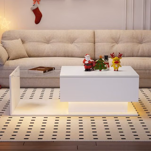 Tavolino da salotto moderno Aosom con illuminazione LED, piano in vetro e cassetto, bianco lucido, L: 100 cm, P: 50 cm, H: 32 cm