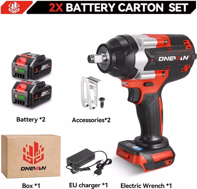 Avvitatore a impatto a batteria - Attacco quadrato da 1,27 cm - Senza spazzole - 1800 Nm - 18 V - 7200 colpi/min - 2 batterie - Spina UE - Marrone