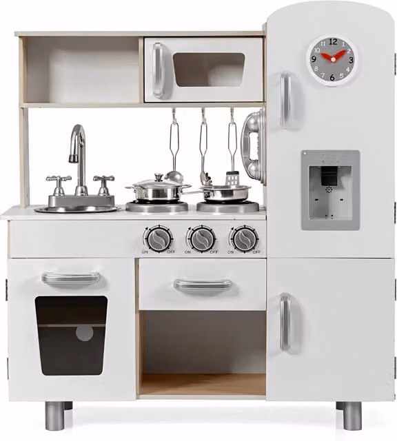 Cucina giocattolo per bambini in legno e plastica con accessori, design moderno, colore bianco e argento, L: 72,5 cm, P: 29 cm, H: 81,5 cm