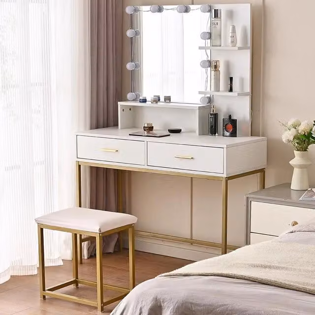 Toeletta Trucco Sofia Shally Dogan con Specchio Hollywood LED e Sgabello Bianco L/P/H: 145 x 100 x 40 cm – 1