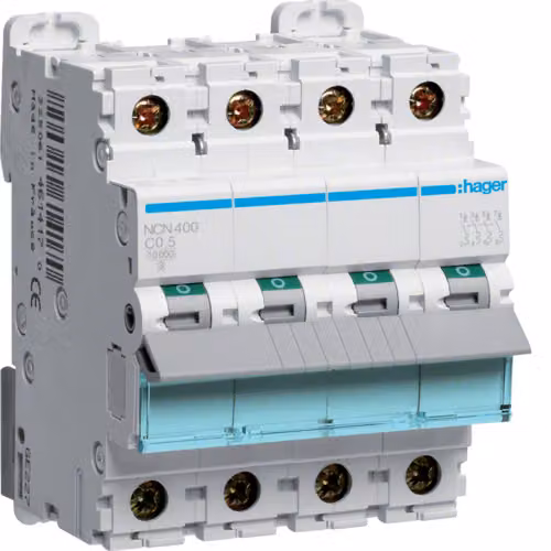 Interruttore automatico a 4 poli, 10 kA, caratteristica C, 0,5 A, 4 moduli
