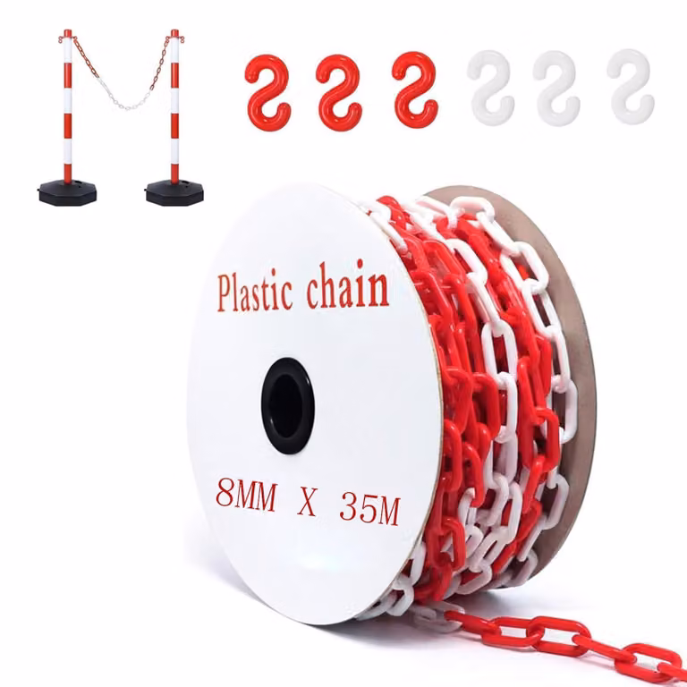 Elzusha - Catena di avvertimento, rosso e bianco, in plastica, lunghezza 35 metri, diametro 8 mm, con 6 ganci a forma di S