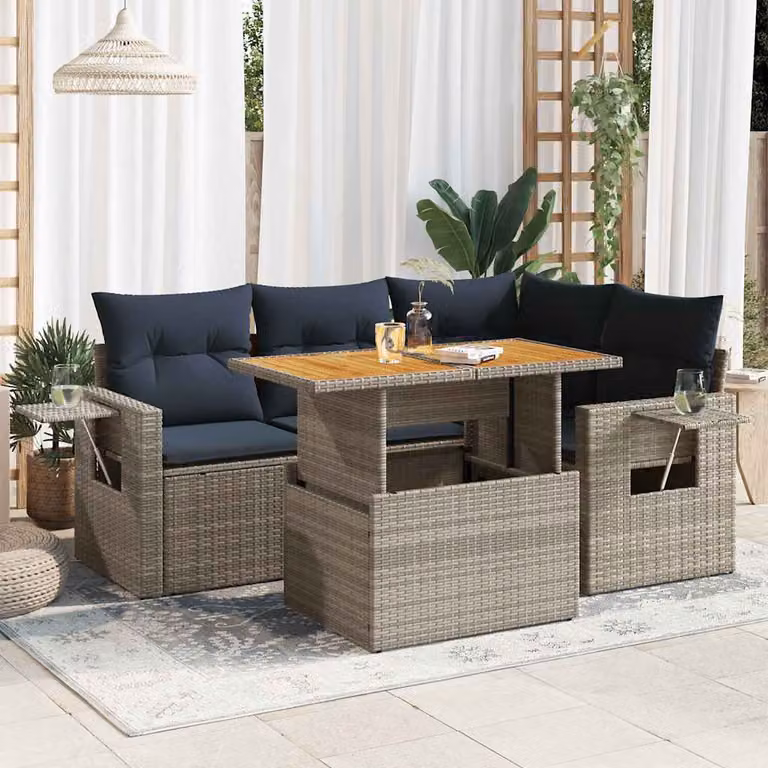 Set Divano da Giardino vidaXL 5 pz in Polyrattan e Legno di Acacia Oliato con Cuscini Grigio e Blu