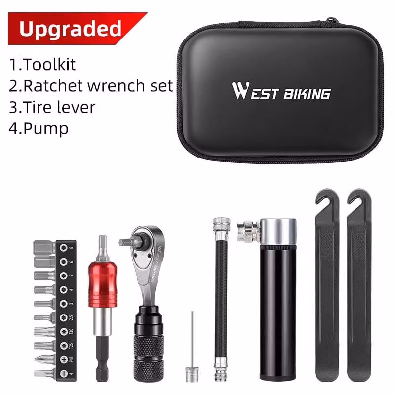Kit di riparazione per biciclette - Set di chiavi a cricchetto e utensile multifunzione - Leva per pneumatici - Pompa compatta - Set di strumenti professionali - Kit di aggiornamento