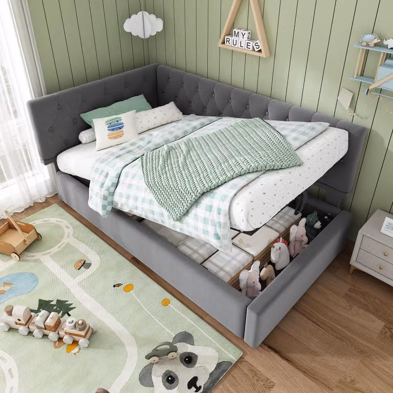 Letto imbottito Flieks 90x190cm con contenitore, divano letto daybed con testata regolabile, letto daybed per bambini, letto per ragazzi con rete a doghe, velluto, grigio