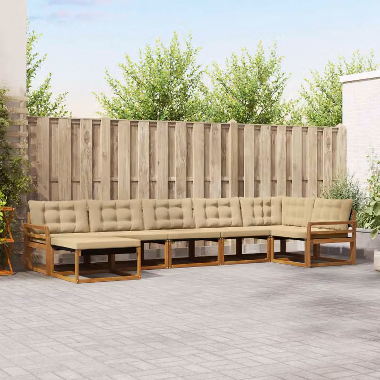 Set di divani da esterno vidaXL a forma di L composto da 7 pezzi in legno di acacia con cuscini beige e marrone per giardino e terrazza