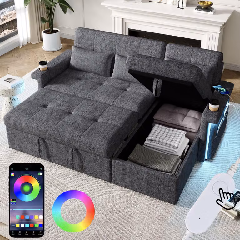Divano angolare a L Merax a 3 posti, con funzione letto, funzione letto, LED e USB, portabicchieri, divano letto in ciniglia, divano letto, letto pieghevole, grigio
