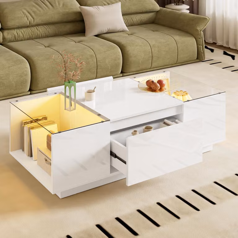 Fortuna Lai Tavolino moderno da 105 cm con illuminazione d'atmosfera a LED - piano in vetro, vano portaoggetti e 2 cassetti per un pratico utilizzo in salotto