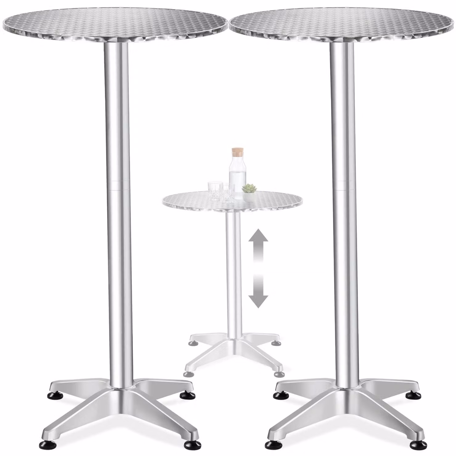 Tavolino da bistrot rotondo Tectake in acciaio inossidabile argento, regolabile in altezza, L: 60 cm, H: 67-110 cm – 1