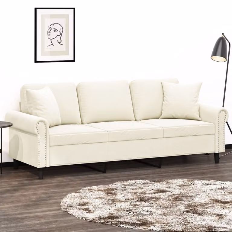 vidaXL Divano a 3 Posti Moderno in Velluto Beige con Cuscini e Struttura in Metallo L: 212 cm, P: 80 cm, H: 77 cm